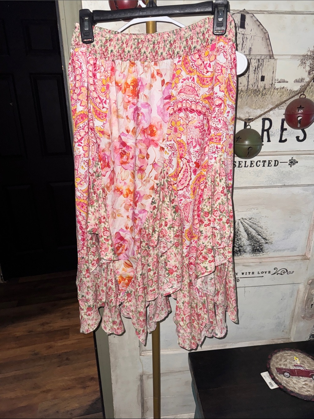 Oli & Hali Pink & Orange Floral Asymmetrical Midi Skirt